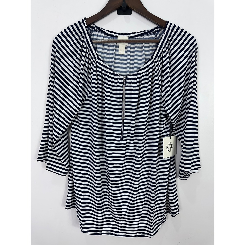 Chico's Knit Kit Blouse Womens 1 Blue White Striped Zip Front Coastal Preppy NWT